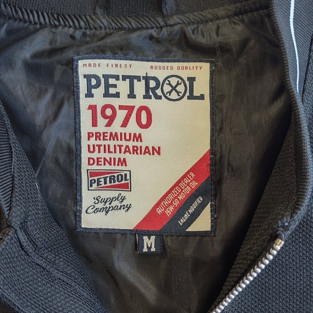 Petrol Denim Black Bomber Jacket Men's Medium Retro Gas & Oil Full Zip Pockets - Picture 11 of 14